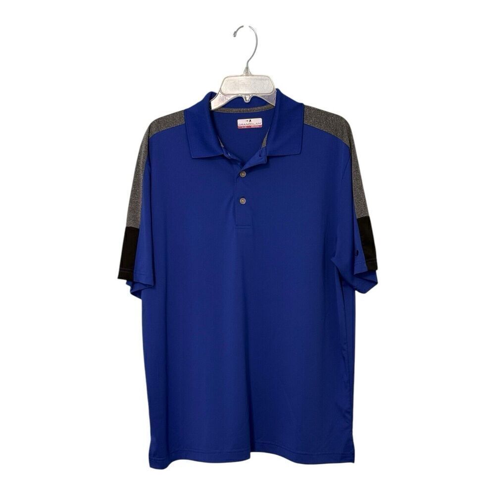 GRAND SLAM PERFORMANCE Polo Men's sz L Blue Short Slve 3 Button Collar Hem Slit